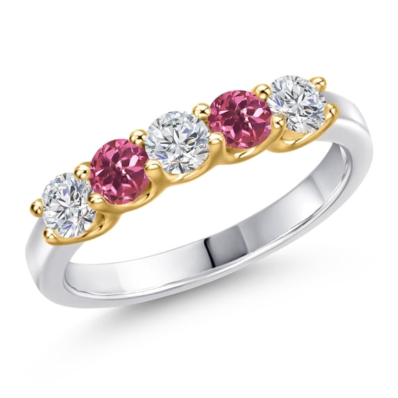 Gem Stone King 10K Two Tone Gold Lab Grown Diamond and Pink Tourmaline Wedding-Bands Ring for Women | 0.81 Cttw | Round 3.5MM | Gemstone April Birthstone | Size 7