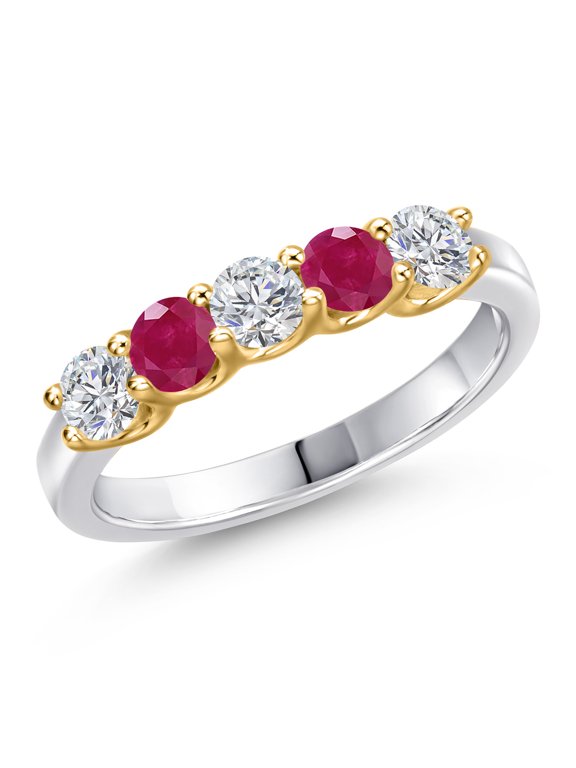 10K Two Tone Gold Lab Grown Diamond and Red Ruby Wedding-Bands Ring for Women | 1.01 Cttw | Round 3.5MM | Gemstone April Birthstone | Size 7
