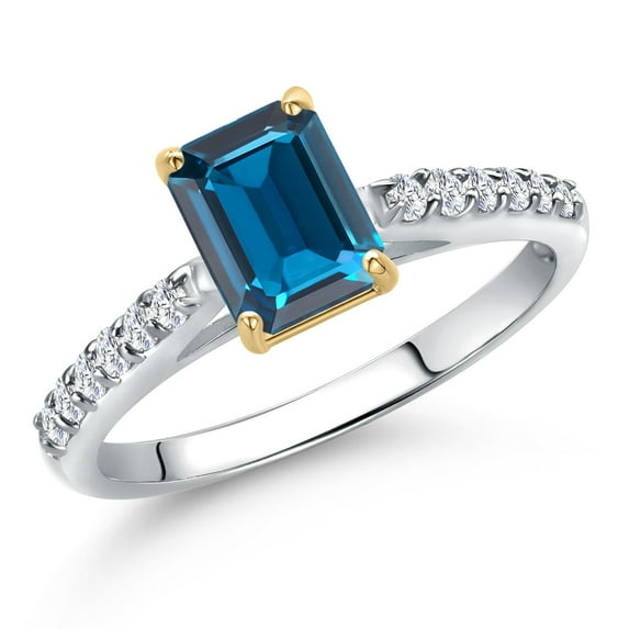 Gem Stone King 10K Two Tone Gold London Blue Topaz and Lab Grown Diamond Engagement Ring for Women | 1.32 Cttw | Emerald Cut 7X5MM | Gemstone November Birthstone | Size 7