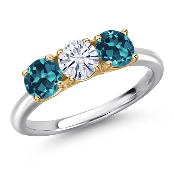 Gem Stone King 10K Two Tone Gold White Moissanite and London Blue Topaz Engagement Ring for Women | 1.90 Cttw | Round 5MM | Gemstone Birthstone | Size 6