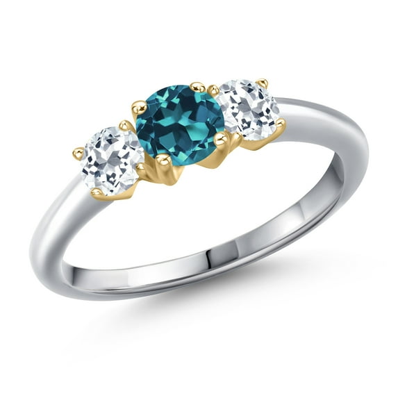 Gem Stone King 10K Two Tone Gold London Blue Topaz and White Topaz Engagement Ring for Women | 1.36 Cttw | Round 5MM | Gemstone November Birthstone | Size 5