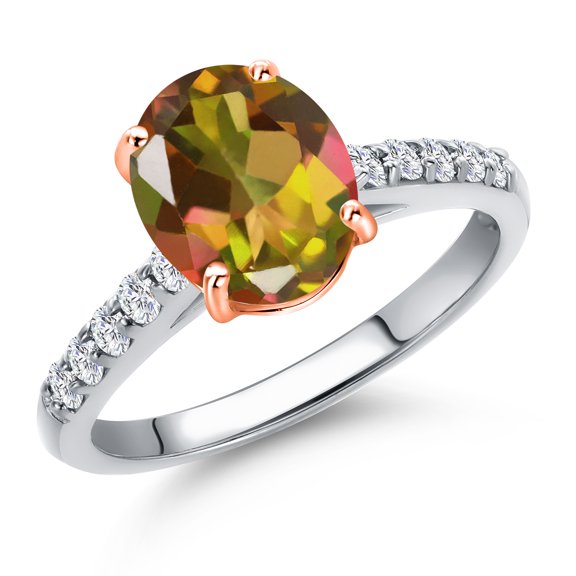 Gem Stone King 10K Two Tone Gold Mango Mystic Topaz and Lab Grown Diamond Engagement Ring for Women | 2.20 Cttw | Oval 9X7MM | Gemstone November Birthstone | Size 9