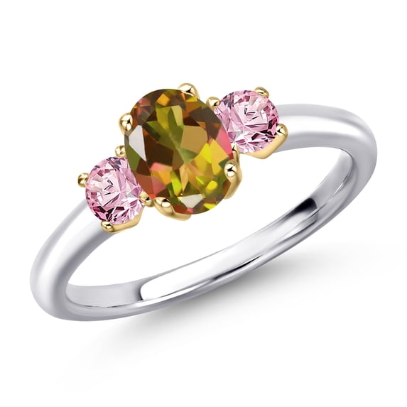 Gem Stone King 10K Two Tone Gold Mango Mystic Topaz and Pink Lab Grown Diamond Engagement Ring for Women | 1.56 Cttw | Oval 7X5MM | Gemstone November Birthstone | Size 6