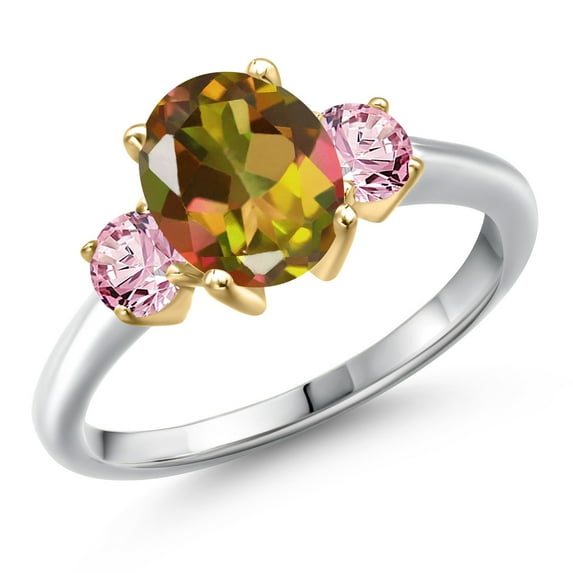 Gem Stone King 10K Two Tone Gold Mango Mystic Topaz and Pink Lab Grown Diamond Engagement Ring for Women | 2.50 Cttw | Oval 9X7MM | Gemstone November Birthstone | Size 5