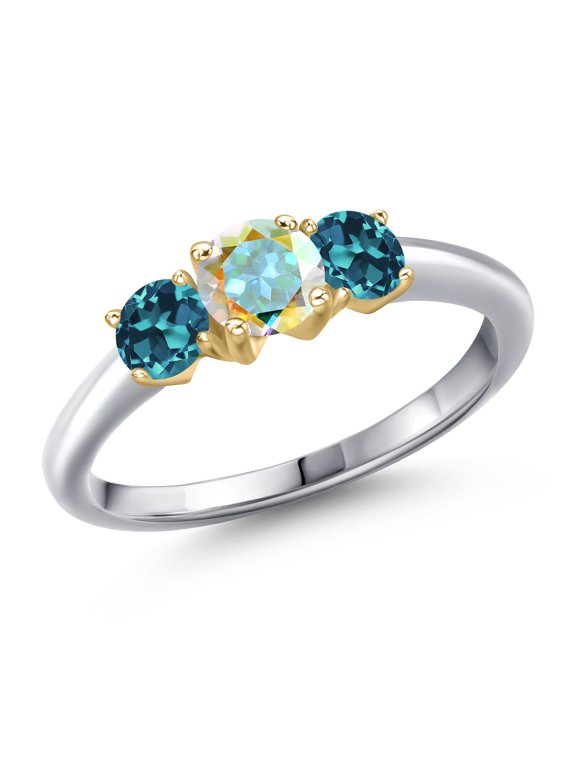 10K Two Tone Gold Mercury Mist Mystic Topaz and London Blue Topaz Engagement Ring for Women | 1.21 Cttw | Round 5MM | Gemstone November Birthstone | Size 5