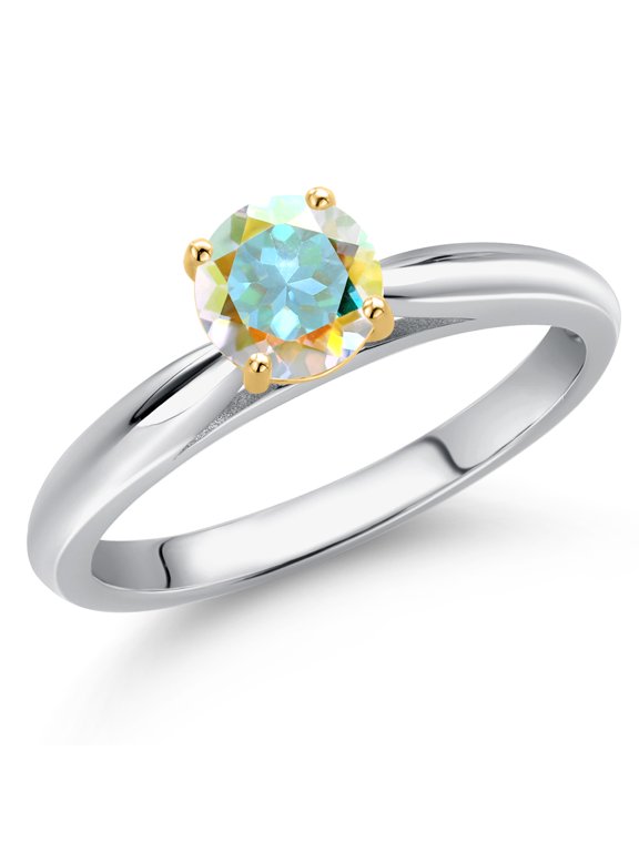 10K Two Tone Gold Mercury Mist Mystic Topaz Solitaire Engagement Ring for Women | 0.55 Cttw | Round 5MM | Gemstone Birthstone | Wedding Anniversary Promise Ring | Sizes 5-9 | Size 5