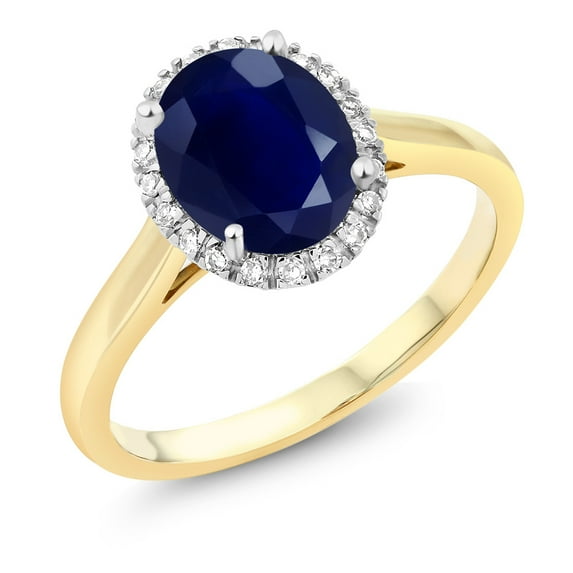 Gem Stone King 10K Two-Tone Gold Oval Blue Sapphire and Diamond Halo Engagement Ring | 2.50 Cttw | Oval 9X7MM | Wedding Anniversary Promise Gold Ring for Women (Size 7)