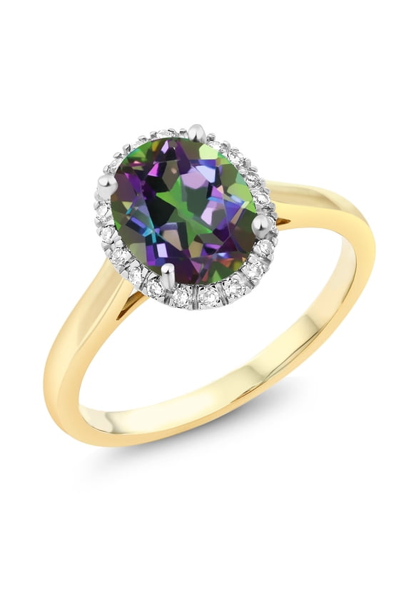 10K Two-Tone Gold Oval Green Mystic Topaz and Diamond Halo Engagement Ring for Women (2.44 Cttw, Gemstone Birthstone)