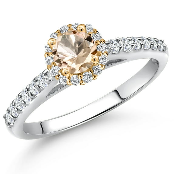 Gem Stone King 10K Two Tone Gold Peach Morganite and Lab Grown Diamond Engagement Ring for Women | 0.69 Cttw | Round 5MM | Gemstone October Birthstone | Size 6