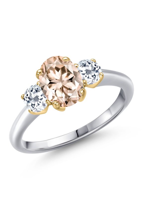 10K Two Tone Gold Peach Morganite and White Topaz Engagement Ring for Women | 1.66 Cttw | Oval 8X6MM | Gemstone October Birthstone | Size 9