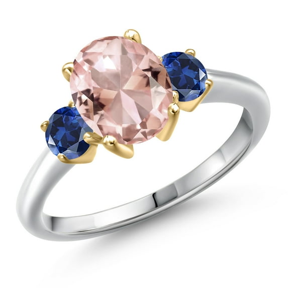 Gem Stone King 10K Two Tone Gold Peach Nano Morganite and Blue Created Sapphire Engagement Ring for Women | 2.50 Cttw | Oval 9X7MM | Gemstone October Birthstone | Size 5