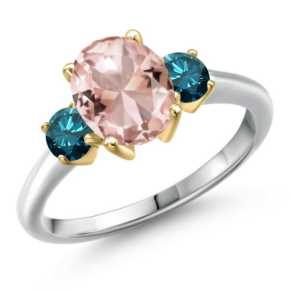 Gem Stone King 10K Two Tone Gold Peach Nano Morganite and Blue Diamond Engagement Ring for Women | 2.54 Cttw | Oval 9X7MM | Gemstone October Birthstone | Size 8
