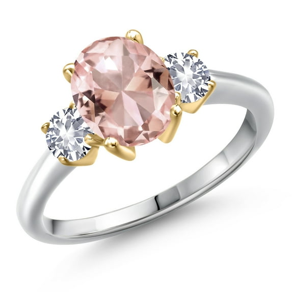 Gem Stone King 10K Two Tone Gold Peach Nano Morganite and White Created Sapphire Engagement Ring for Women | 2.50 Cttw | Oval 9X7MM | Gemstone October Birthstone | Size 5