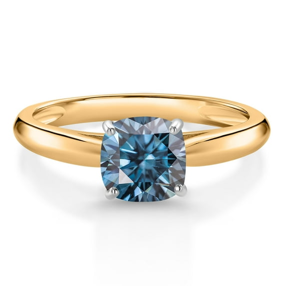 Gem Stone King 10K Two Tone Gold Persian Blue Moissanite Solitaire Engagement Ring for Women (1.00 Cttw, Gemstone, Cushion 6MM)