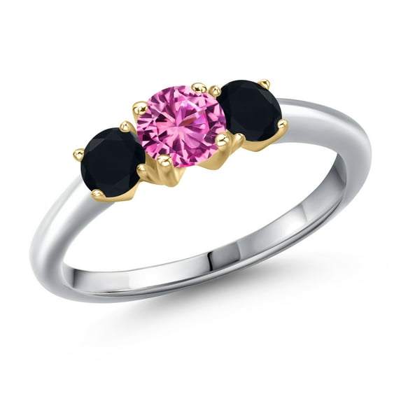 Gem Stone King 10K Two Tone Gold Pink Created Sapphire and Black Onyx Engagement Ring for Women | 0.99 Cttw | Round 5MM | Gemstone September Birthstone | Size 9
