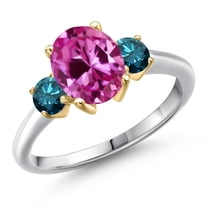 Gem Stone King 10K Two Tone Gold Pink Created Sapphire and Blue Diamond Engagement Ring for Women | 1.54 Cttw | Oval 9X7MM | Gemstone September Birthstone | Size 6