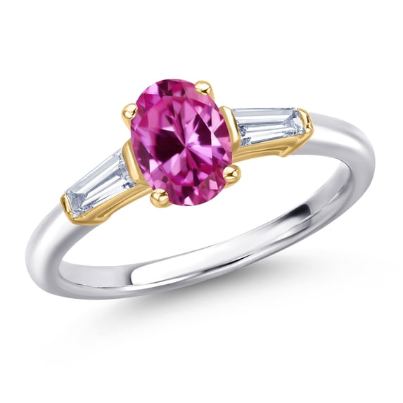 Gem Stone King 10K Two Tone Gold Pink Created Sapphire and Lab Grown Diamond Engagement Ring for Women | 1.10 Cttw | Oval 7X5MM | Gemstone September Birthstone | Size 9