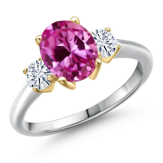 Gem Stone King 10K Two Tone Gold Pink Created Sapphire and White Moissanite Engagement Ring for Women | 1.46 Cttw | Oval 9X7MM | Gemstone September Birthstone | Size 8