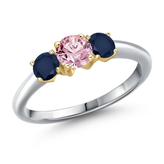 Gem Stone King 10K Two Tone Gold Pink Lab Grown Diamond and Blue Sapphire Engagement Ring for Women | 1.20 Cttw | Round 5MM | Gemstone April Birthstone | Size 6