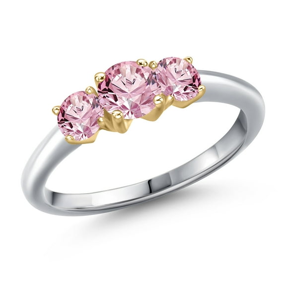 Gem Stone King 10K Two Tone Gold Pink Lab Grown Diamond 3-Stone Engagement Ring for Women | 1.00 Cttw | Round 5MM and 4MM | Three Stone Wedding Engagement Anniversary Promise Ring for Women | Size 9