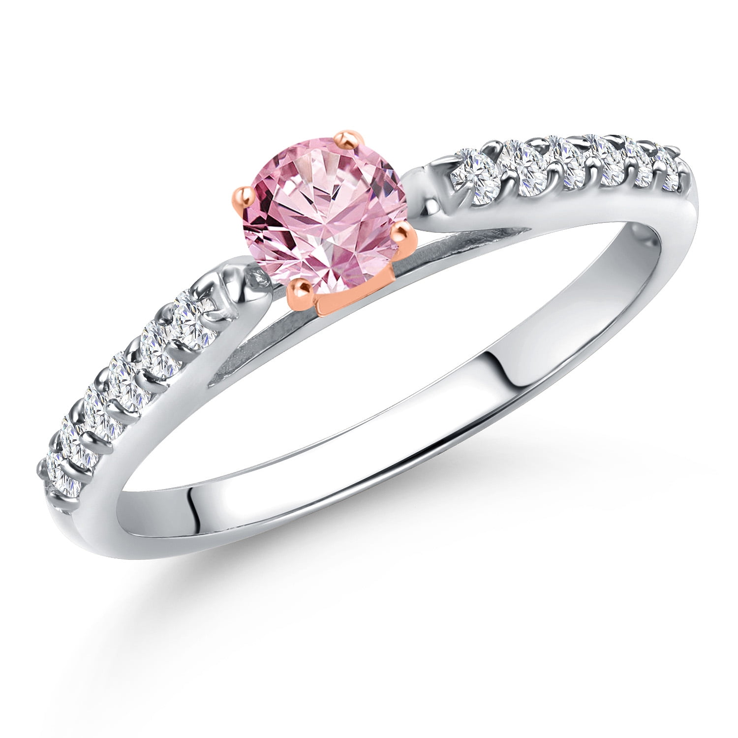 Gem Stone King 10K Two Tone Gold Pink and White Lab Grown Diamond Engagement Ring for Women | 0.43 Cttw | Round 4MM | Gemstone April Birthstone | Size 6