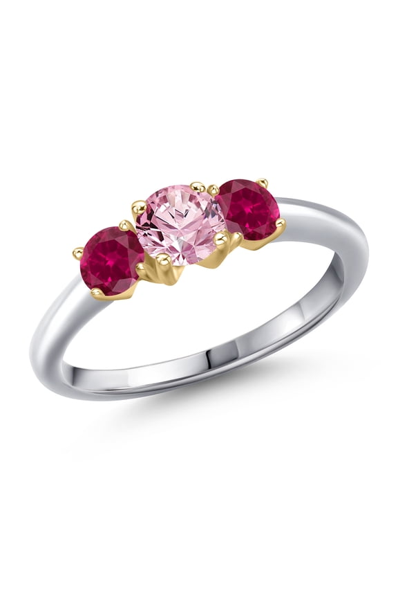 10K Two Tone Gold Pink Lab Grown Diamond and Red Created Ruby Engagement Ring for Women | 1.00 Cttw | Round 5MM | Gemstone April Birthstone | Size 6