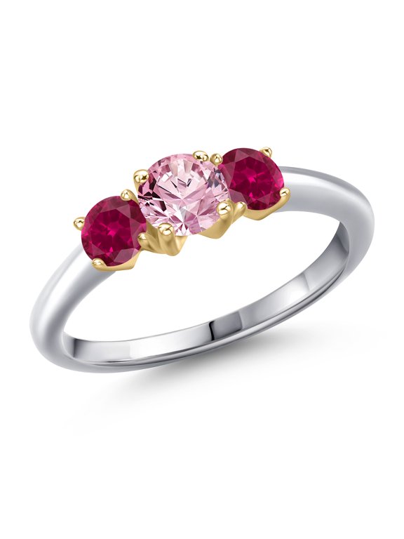 10K Two Tone Gold Pink Lab Grown Diamond and Red Created Ruby Engagement Ring for Women | 1.00 Cttw | Round 5MM | Gemstone April Birthstone | Size 7