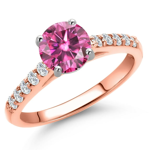 Gem Stone King 10K Two Tone Gold Pink Moissanite and Lab Grown Diamond Engagement Ring for Women | 1.20 Cttw | Round 6.5MM | Gemstone Birthstone | Size 7