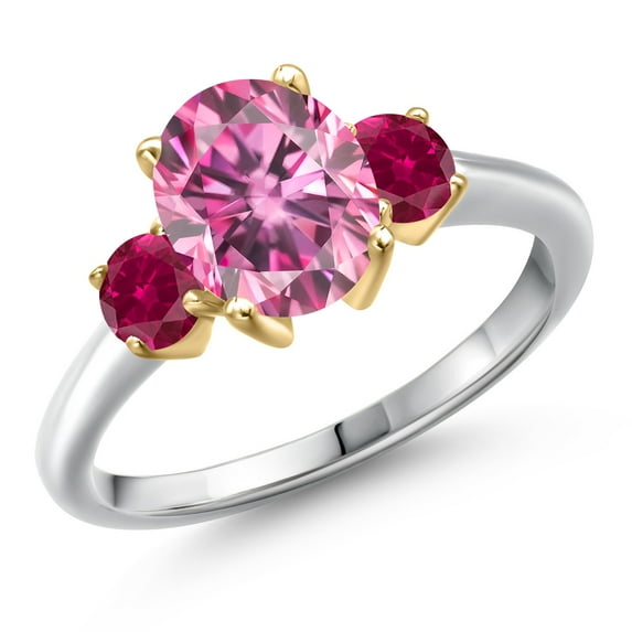 Gem Stone King 10K Two Tone Gold Pink Moissanite and Red Created Ruby Engagement Ring for Women | 2.50 Cttw | Oval 9X7MM | Gemstone Birthstone | Size 9
