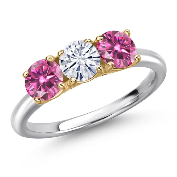 Gem Stone King 10K Two Tone Gold White Moissanite and Pink Moissanite Engagement Ring for Women | 1.50 Cttw | Round 5MM | Gemstone Birthstone | Size 5