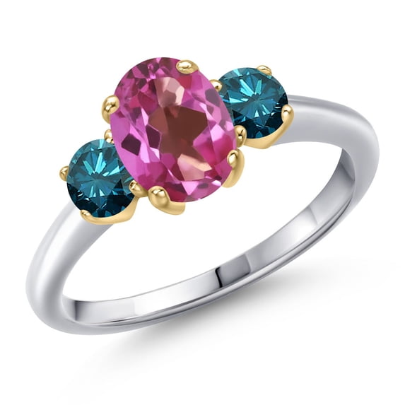 Gem Stone King 10K Two Tone Gold Pink Mystic Topaz and Blue Diamond Engagement Ring for Women | 1.84 Cttw | Oval 8X6MM | Gemstone November Birthstone | Size 9