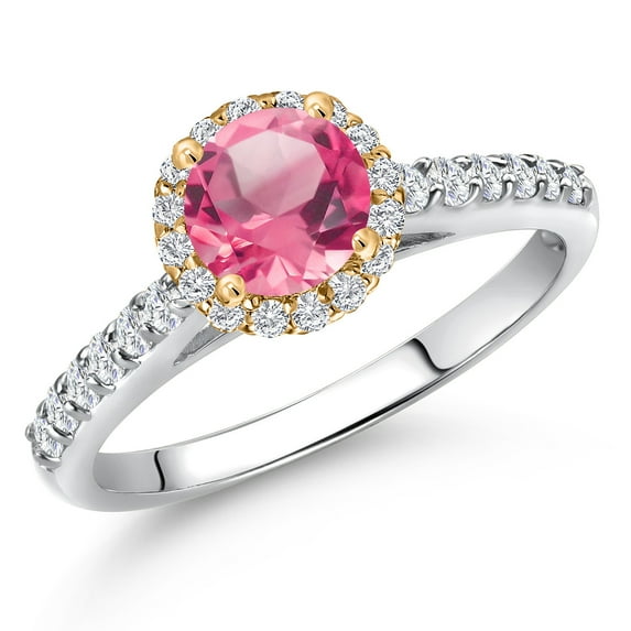 Gem Stone King 10K Two Tone Gold Pink Mystic Topaz and Lab Grown Diamond Engagement Ring for Women | 1.81 Cttw | Round 6MM | Gemstone November Birthstone | Size 6