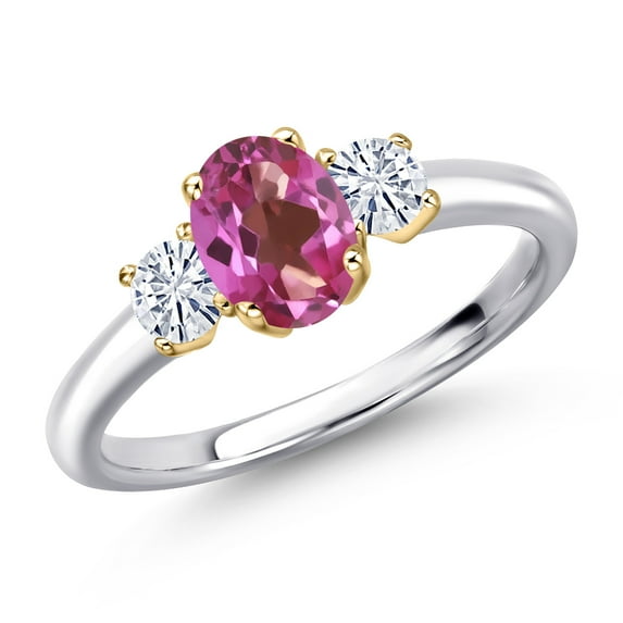 Gem Stone King 10K Two Tone Gold Pink Mystic Topaz and White Moissanite Engagement Ring for Women | 1.12 Cttw | Oval 7X5MM | Gemstone November Birthstone | Size 5