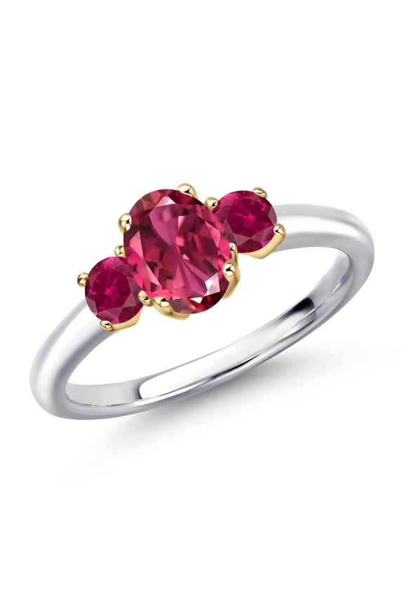 10K Two Tone Gold Pink Tourmaline and Red Created Ruby Engagement Ring for Women | 1.35 Cttw | Oval 7X5MM | Gemstone October Birthstone | Size 6