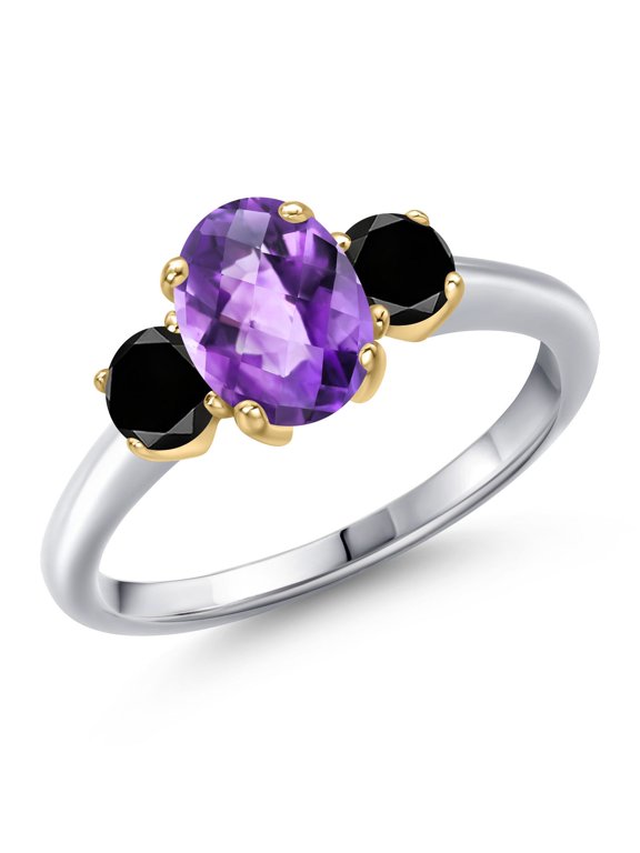 10K Two Tone Gold Purple Amethyst and Black Diamond Engagement Ring for Women | 1.74 Cttw | Oval Checkerboard 8X6MM | Gemstone February Birthstone | Size 5