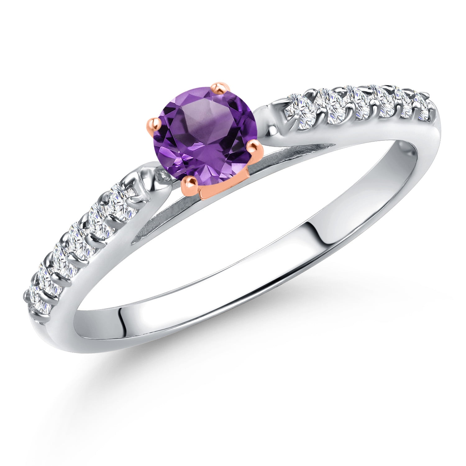 Gem Stone King 10K Two Tone Gold Purple Amethyst and Lab Grown Diamond Engagement Ring for Women | 0.43 Cttw | Round 4MM | Gemstone February Birthstone | Size 8