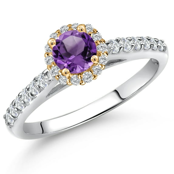 Gem Stone King 10K Two Tone Gold Purple Amethyst and Lab Grown Diamond Engagement Ring for Women | 0.77 Cttw | Round 5MM | Gemstone February Birthstone | Size 7