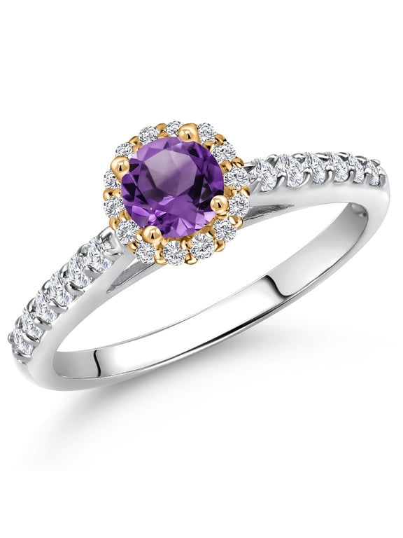 10K Two Tone Gold Purple Amethyst and Lab Grown Diamond Engagement Ring for Women | 0.77 Cttw | Round 5MM | Gemstone February Birthstone | Size 8