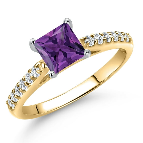 Gem Stone King 10K Two Tone Gold Purple Amethyst and Lab Grown Diamond Engagement Ring for Women | 0.83 Cttw | Princess 5MM | Gemstone February Birthstone | Size 7
