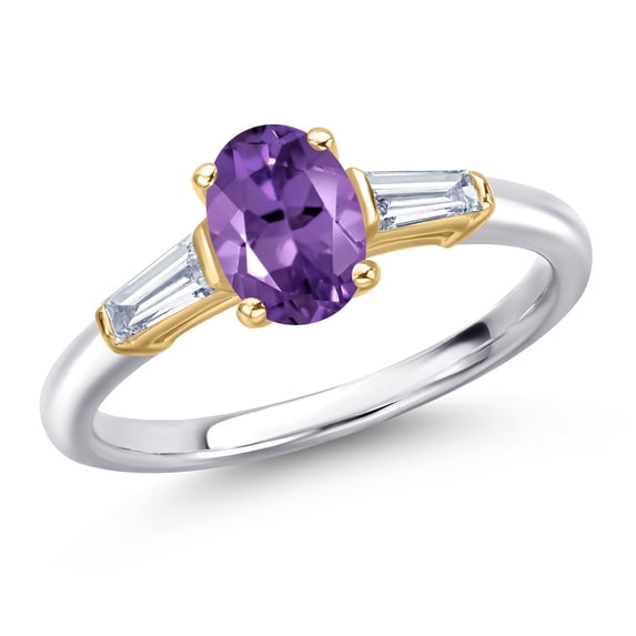 Gem Stone King 10K Two Tone Gold Purple Amethyst and Lab Grown Diamond Engagement Ring for Women | 0.95 Cttw | Oval 7X5MM | Gemstone February Birthstone | Size 7