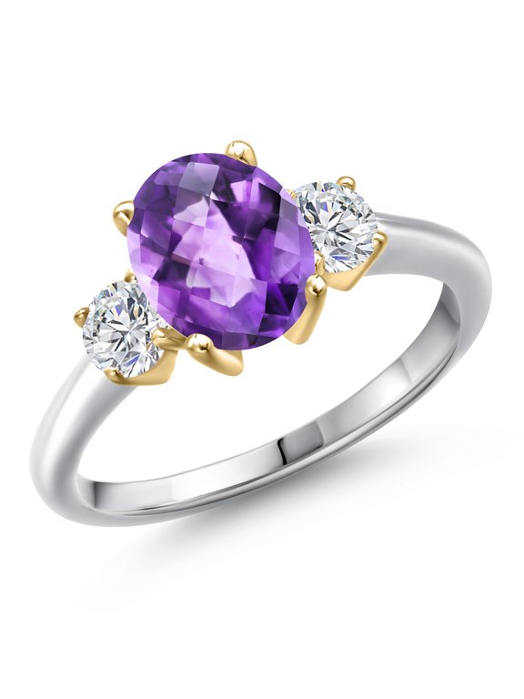 10K Two Tone Gold Purple Amethyst and Lab Grown Diamond Engagement Ring for Women | 2.04 Cttw | Oval Checkerboard 9X7MM | Gemstone February Birthstone | Size 8