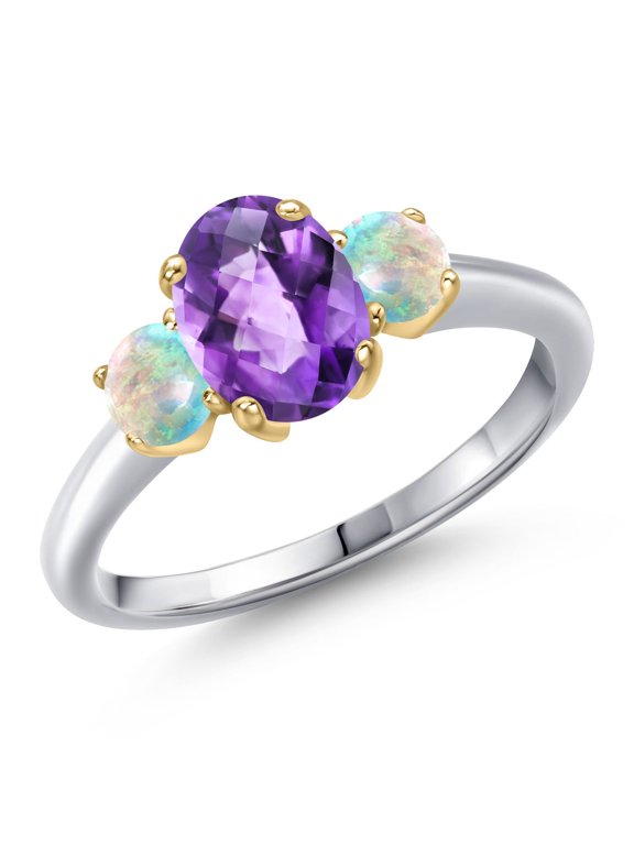 10K Two Tone Gold Purple Amethyst and Simulated White Opal Engagement Ring for Women | 1.70 Cttw | Oval Checkerboard 8X6MM | Gemstone February Birthstone | Size 5