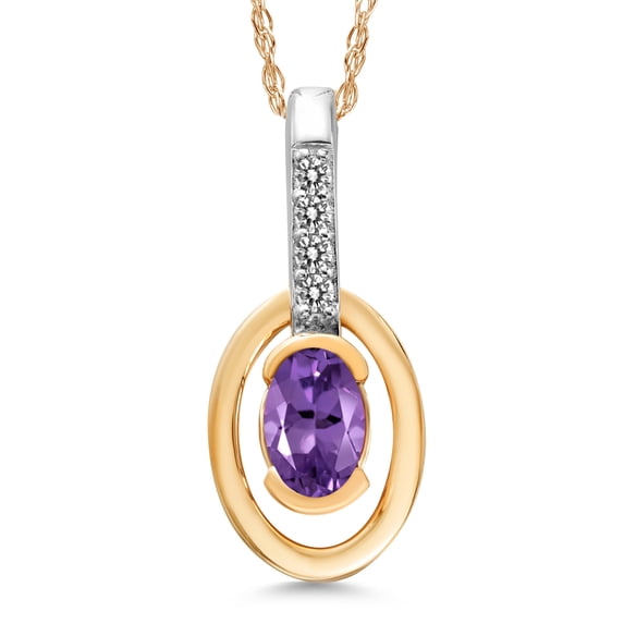 Gem Stone King 10K Two Tone Gold Purple Amethyst and White Diamond Pendant Necklace for Women (0.25 Cttw, Gemstone February Birthstone, Oval 5X3MM, with 18 inch Chain)
