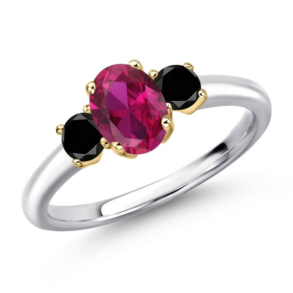 Gem Stone King 10K Two Tone Gold Red Created Ruby and Black Diamond Engagement Ring for Women | 1.19 Cttw | Oval 7X5MM | Gemstone July Birthstone | Size 6