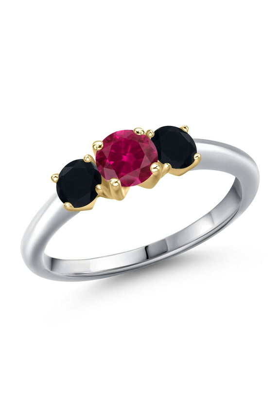 10K Two Tone Gold Red Created Ruby and Black Onyx Engagement Ring for Women | 1.04 Cttw | Round 5MM | Gemstone July Birthstone | Size 8