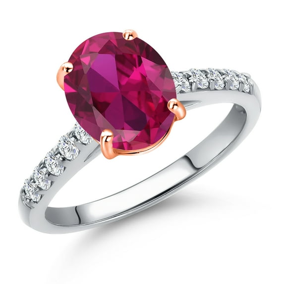 Gem Stone King 10K Two Tone Gold Red Created Ruby and Lab Grown Diamond Engagement Ring for Women | 2.20 Cttw | Oval 9X7MM | Gemstone July Birthstone | Size 5