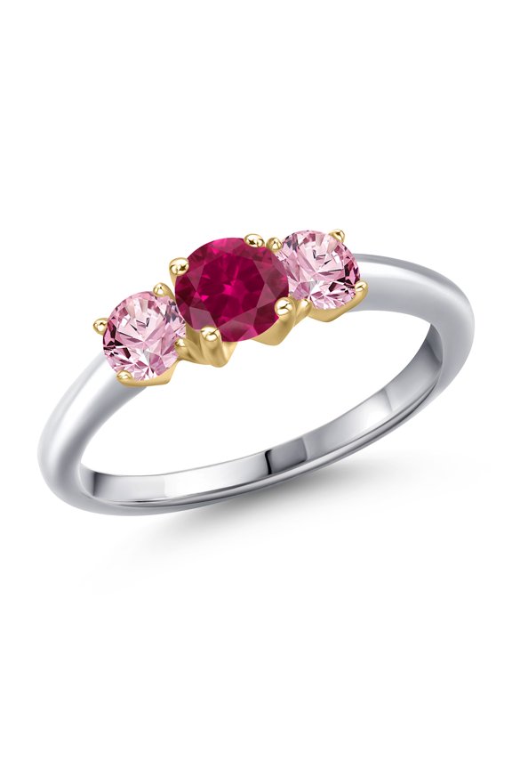 10K Two Tone Gold Red Created Ruby and Pink Lab Grown Diamond Engagement Ring for Women | 1.10 Cttw | Round 5MM | Gemstone July Birthstone | Size 5