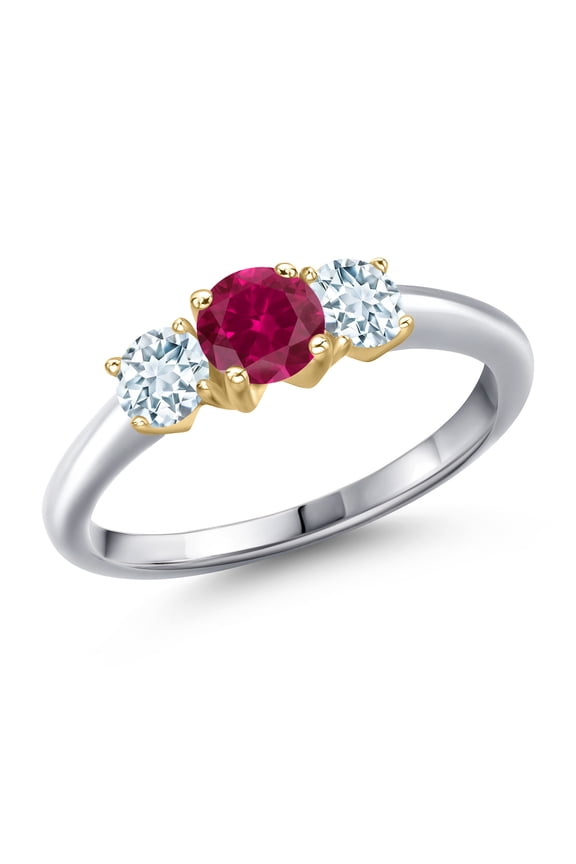 10K Two Tone Gold Red Created Ruby and Sky Blue Aquamarine Engagement Ring for Women | 1.10 Cttw | Round 5MM | Gemstone July Birthstone | Size 5
