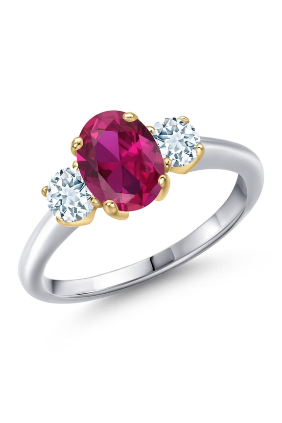 10K Two Tone Gold Red Created Ruby and Sky Blue Aquamarine Engagement Ring for Women | 1.85 Cttw | Oval 8X6MM | Gemstone July Birthstone | Size 5