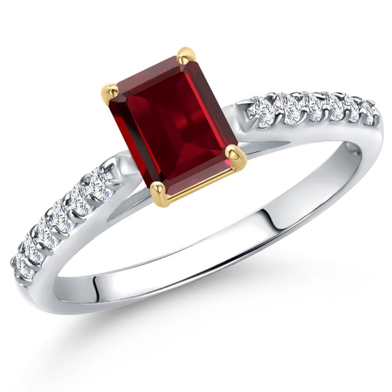 Gem Stone King 10K Two Tone Gold Red Garnet and Lab Grown Diamond Engagement Ring for Women | 0.98 Cttw | Emerald Cut 6X4MM | Gemstone January Birthstone | Size 6